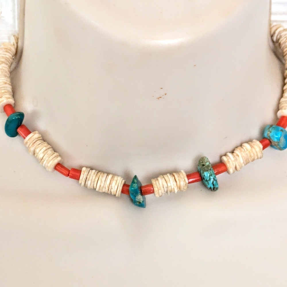SOLD! Blue Turquoise Coral Heishi Shell Sterling Silver Choker Necklace 14